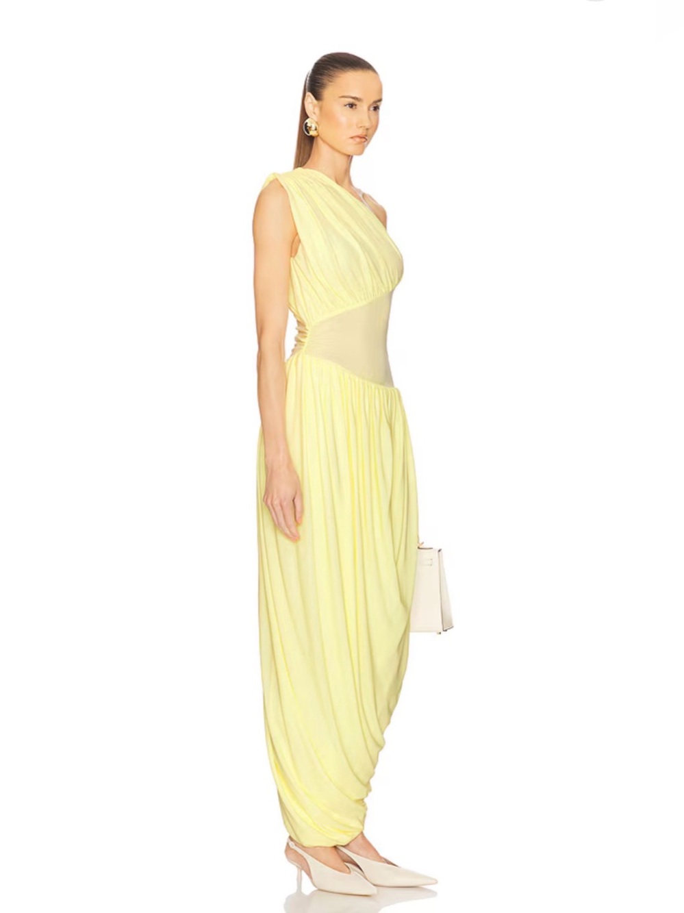 Helsa Lemon Yellow Amphora One Shoulder Ruched Draped Maxi Dress Size XS NWT - Picture 3 of 12